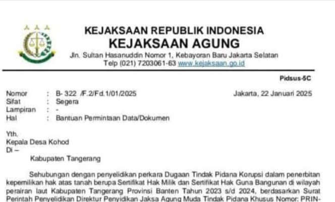 
					Kejaksaan Agung Desak Kades Kohod Serahkan Data Dokumen Soal Sertifikat Laut