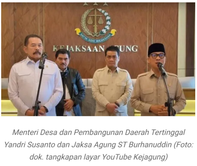 
					Temuin Jaksa Agung, Mendes Yandri  Adukan Dana Desa Dipakai Judol