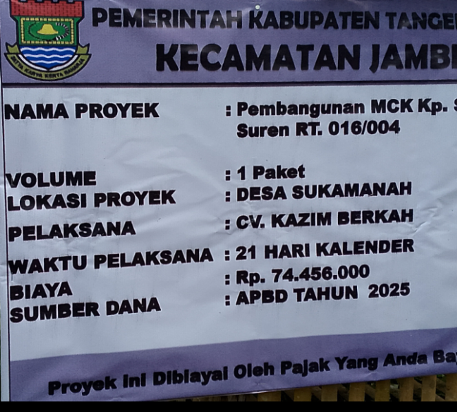 
					CV Kazim Berkah fasilitasi Warga  Pembangunan MCK  kp Salimah Suren Desa Suka Manah Jambe Tangerang Banten*