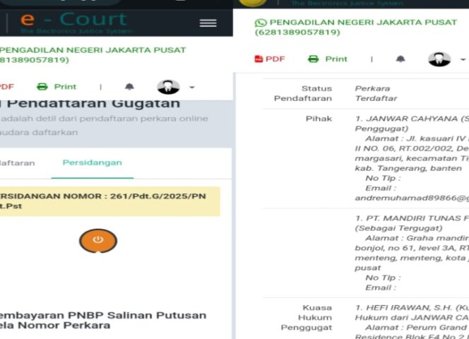 
					Gambar SS registrasi gugatan kepada PT. Mandiri Tunas Finance Tbk. (Foto: Mantv.id7)