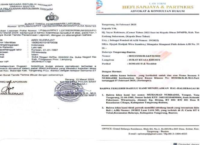 
					Foto surat Laporan polisi terkait pemalsuan Akta Jual Beli (AJB) Nomor 39/2022 yang dilaporkan terjadi di Desa Tobat, Kecamatan Balaraja, Kabupaten Tangerang. (Foto: Mantv.id)