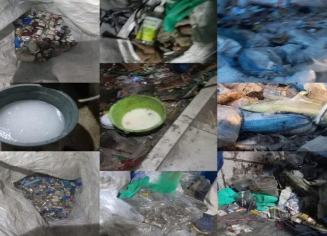 
					Kolase foto-foto bukti limbah B3 yang ada di lapak Supriadi. (Foto: Mantv7.id)