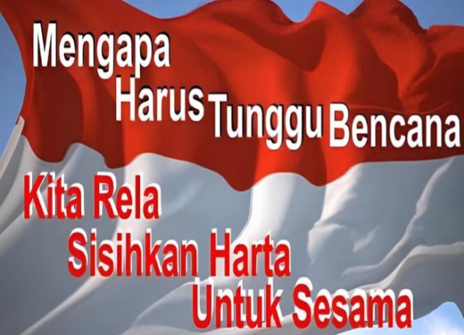 
					Gambar bait lagu mempertanyakan, “Mengapa harus tunggu bencana kita rel sisihkan harta untuk sesama?” Kalimat ini menjadi sindiran tajam bahwa kesadaran spiritual dan religius sering kali hadir saat musibah menghantam, bukan dalam keseharian yang damai. (Foto: IST. Mantv7.id)
