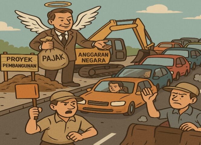 
					Ilustrasi gambar kontraktor bak malaikat rakyat, tapi rakyat berjubaku dalam kemacetan proyek hasil dari pajak rakyat itu sendiri. (Foto: IST. Mantv7.id)