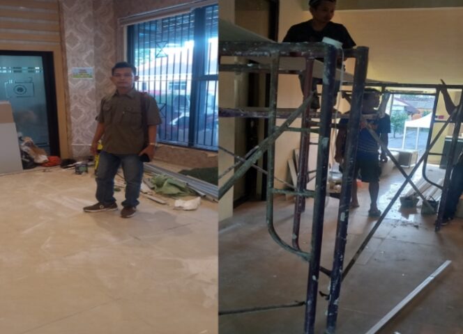 
					Kolase foto Siarruddin, Humas DPP YLPK PERARI dan pekerja renovasi ruangan kantor Kecamatan Tigaraksa. (Foto: Mantv7.id)