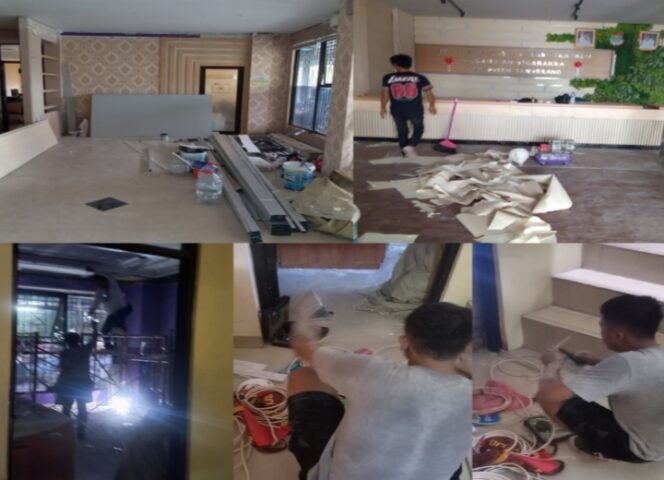 
					Kolase foto pelanggaran prosedur keselamatan kerja bukan hanya ancaman terhadap nyawa para pekerja, tapi juga penghinaan terhadap akal sehat publik. Dalam beberapa foto yang beredar, terlihat pemasangan instalasi listrik dilakukan secara santai, tanpa alat pelindung apapun. Pertanyaannya: apakah para pekerja ini bersertifikat? Profesional? Atau hanya korban sistem tender yang asal-asalan?. (Foto: Mantv7.id)