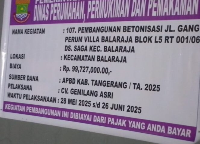 
					Foto papan proyek pekerjaan pembangunan betonisasi Jalan Perum Vila Balaraja Blok L5 RT 01/06, Desa Saga, Kecamatan Balaraja, merupakan program aspirasi anggota DPRD Kabupaten Tangerang, Suherni. Kegiatan ini dilaksanakan oleh CV Gemilang Asri dengan satuan kerja Dinas Perumahan dan Permukiman (Perkim), menggunakan anggaran sebesar Rp99.727.000 yang bersumber dari APBD Kabupaten Tangerang Tahun Anggaran 2025. Berdasarkan keterangan dari pekerja lapangan, proyek ini diketahui dimiliki oleh seseorang bernama H. Fahri. (Foto: Mantv7.id)