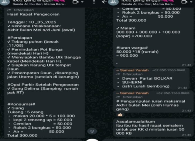 
					Screenshot chat group WA warga setempat disuruh patungan sebesar Rp50.000 per rumah oleh oknum koordinator warga setempat, untuk membiayai makan, minum, rokok, kopi, dan cemilan para pekerja proyek. (Foto: Mantv7.id)