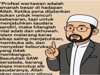 Ilustrasi gambar seorang Ustad menjelaskan bahwa Wartawan sejati tak sibuk mencari panggung. Ia cukup menulis dengan hati. Biar waktu dan publik yang menilai. Karena yang jujur tak butuh tepuk tangan cukup ridha Allah dan suara nurani. (Foto: IST. Mantv7.id)