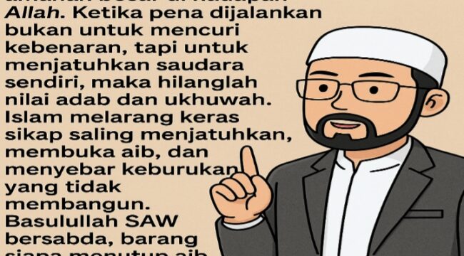 Ilustrasi gambar seorang Ustad menjelaskan bahwa Wartawan sejati tak sibuk mencari panggung. Ia cukup menulis dengan hati. Biar waktu dan publik yang menilai. Karena yang jujur tak butuh tepuk tangan cukup ridha Allah dan suara nurani. (Foto: IST. Mantv7.id)