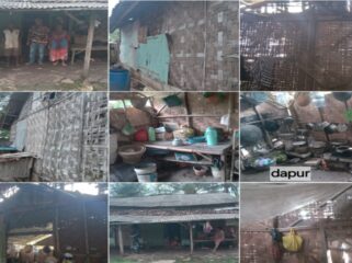 Kolase foto Di kampung RT 10/03 Desa Kemuning, Kecamatan Kresek, hidup dua orang tua yang nyaris terlupakan negara. Bapak Saram dan Ibu Sumawi tinggal di rumah tua yang lebih layak disebut gubuk. (Foto Mantv7.id)