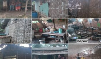 Kolase foto Di kampung RT 10/03 Desa Kemuning, Kecamatan Kresek, hidup dua orang tua yang nyaris terlupakan negara. Bapak Saram dan Ibu Sumawi tinggal di rumah tua yang lebih layak disebut gubuk. (Foto Mantv7.id)