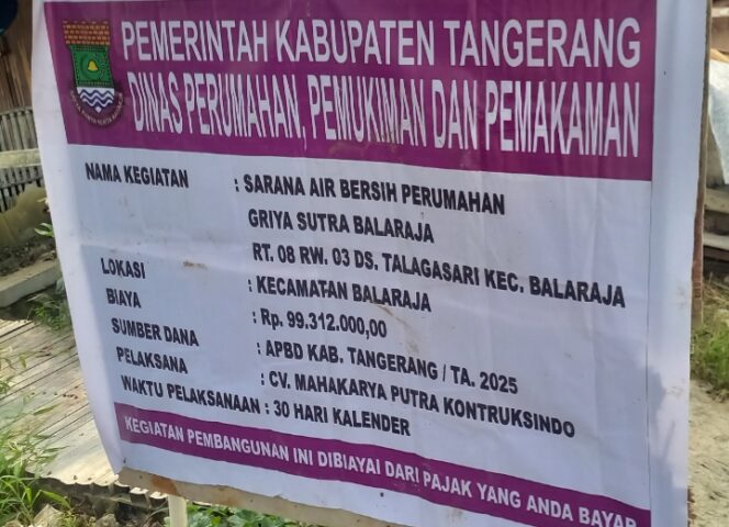 
					Papan proyek Proyek Air Bersih di Griya Sutra Balaraja Tidak Sesuai Prosedur: Warga Pertanyakan Pengawasan. (Foto: Mantv7.id)