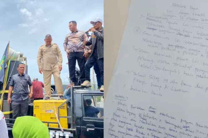
					Foto Aksi demonstrasi empat oknum anggota DPRD Kota Cilegon di depan PT Lotte Chemical Indonesia. (Foto: IST. Mantv7.id)