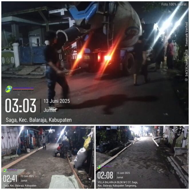 
					Kolase foto proyek betonisasi senilai Rp99.727.000 yang dikerjakan CV. Gemilang Asri dengan satuan kerja Dinas Perumahan, Permukiman dan Pemakaman (Perkim) Kabupaten Tangerang, berubah menjadi lelucon pahit: tanpa pemadatan, tanpa batu split, tanpa prosedur keselamatan kerja, dan tanpa rasa malu dari para pejabatnya. (Foto: Mantv7.id