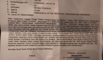 Foto bukti laporan ke Polres Pringsewu dengan nomor: LP/B/169/VI/2025/SPKT/POLRES PRINGSEWU/POLDA LAMPUNG. (Foto: Mantv7.id)