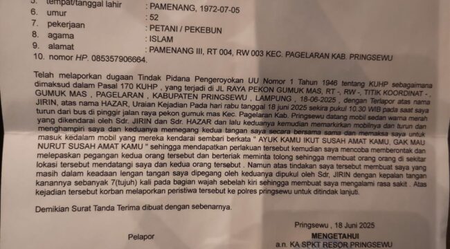 Foto bukti laporan ke Polres Pringsewu dengan nomor: LP/B/169/VI/2025/SPKT/POLRES PRINGSEWU/POLDA LAMPUNG. (Foto: Mantv7.id)