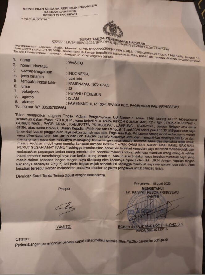 
					Foto bukti laporan ke Polres Pringsewu dengan nomor: LP/B/169/VI/2025/SPKT/POLRES PRINGSEWU/POLDA LAMPUNG. (Foto: Mantv7.id)