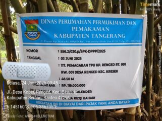 Foto papan proyek Proyek pemagaran Tempat Pemakaman Umum (TPU) Kampung Renged RT 001 RW 001, Desa Renged, Kecamatan Kresek, disorot tajam oleh publik. (Foto: Mantv7.id)
