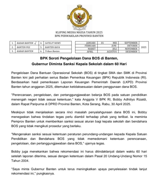 
					Gambar surat keterangan BPK Soroti Pengelolaan Dana BOS di Banten, Gubernur Diminta Sanksi Kepala Sekolah dalam 60 Hari | BPK Perwakilan Provinsi Banten. (Foto: IST. Mantv7.id)