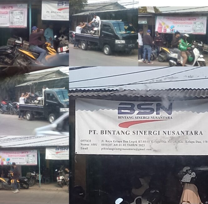 
					Kolase foto suasana kantor PT. BSN yang ramai dengan orang-orang yang ditarik unit motornya. (Foto: Mantv7.id)