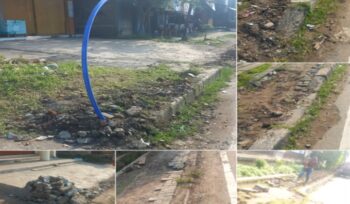 Kolase foto pantauan tim juga mendapati sisa galian yang dibiarkan amburadul. Paving yang tidak dikembalikan dengan sempurna, trotoar rusak tidak diperbaiki dengan baik, bahu jalan semerawut tanah galian. (Foto: Mantv7.id)