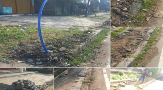 Kolase foto pantauan tim juga mendapati sisa galian yang dibiarkan amburadul. Paving yang tidak dikembalikan dengan sempurna, trotoar rusak tidak diperbaiki dengan baik, bahu jalan semerawut tanah galian. (Foto: Mantv7.id)