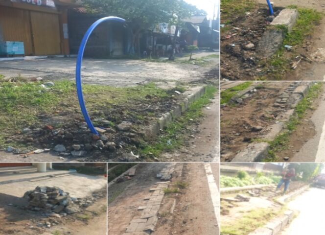 
					Kolase foto pantauan tim juga mendapati sisa galian yang dibiarkan amburadul. Paving yang tidak dikembalikan dengan sempurna, trotoar rusak tidak diperbaiki dengan baik, bahu jalan semerawut tanah galian. (Foto: Mantv7.id)