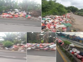Kolase foto titik-titik sampah menumpuk di Jalan Raya Serang-Balaraja. (Foto: IST. Mantv7.id)