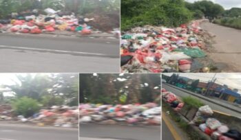 Kolase foto titik-titik sampah menumpuk di Jalan Raya Serang-Balaraja. (Foto: IST. Mantv7.id)