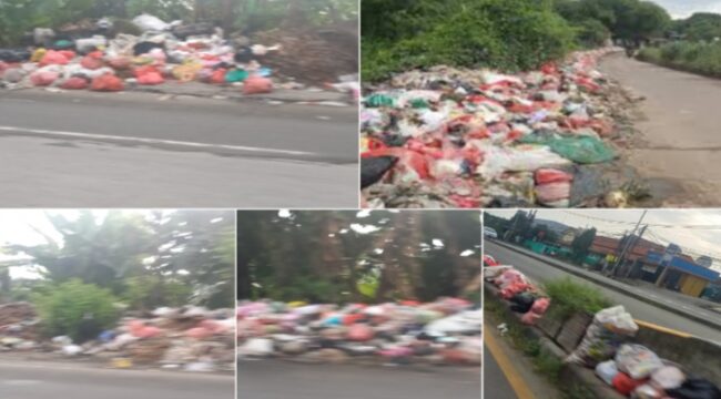 Kolase foto titik-titik sampah menumpuk di Jalan Raya Serang-Balaraja. (Foto: IST. Mantv7.id)