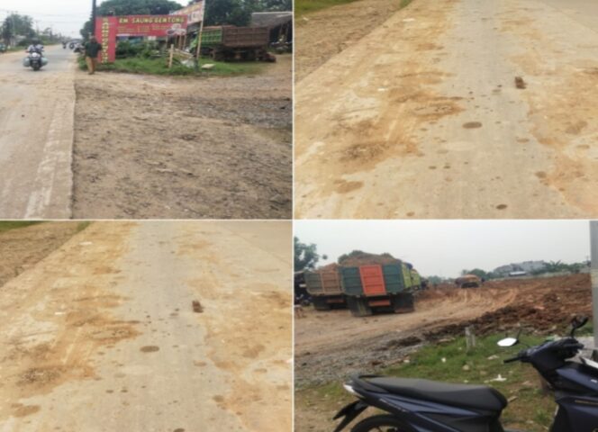 
					Kolase foto Ceceran tanah dari kendaraan proyek berhamburan seenaknya di badan jalan, Jalan Raya Keresek, tepat di depan Bank BRI. (Foto: Mantv7.id)
