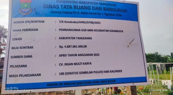 
					Foto papan informasi proyek Pembangunan Gedung Olahraga (GOR) Mini di Kecamatan Sukamulya, Kabupaten Tangerang. (Foto: Mantv7.id)