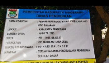 Foto papan proyek Proyek penambahan ruang kelas di SDN 3 Balaraja, Kecamatan Balaraja, Kabupaten Tangerang, kembali menuai sorotan tajam. Proyek senilai Rp 1.021.125.000, di bawah Satuan Kerja Dinas Pendidikan Kabupaten Tangerang dan dikerjakan oleh CV. Tabita Mutiara Desa. (Foto: Mantv7.id)