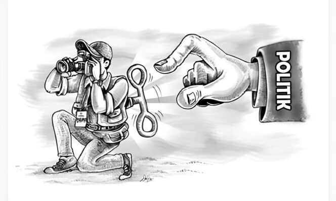 
					Ilustrasi gambar seorang jurnalis dalam genggaman si Tuan Dalang. (Foto: IST. Mantv7.id)